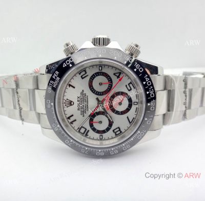Best Quality Rolex Daytona Replica Silver Arabic Dial Black Ceramic Bezel watch 40mm